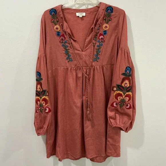 Umgee Embroidered Tunic Top Womens Sz M Rust Floral Boho Flowy Tassel Peasant - Picture 1 of 6